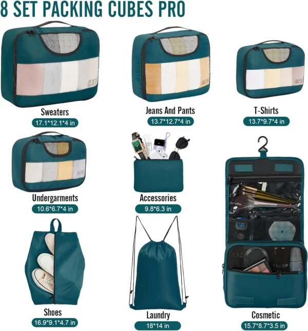 Veken 8 Set Packing Cubes for Suitcases, Travel Bag Organizers for Carry on Luggage, Suitcase Organizer Bags Set for Travel Essentials Travel Accessories in 4 Sizes(Extra Large, Large, Medium, Small) - Image 3