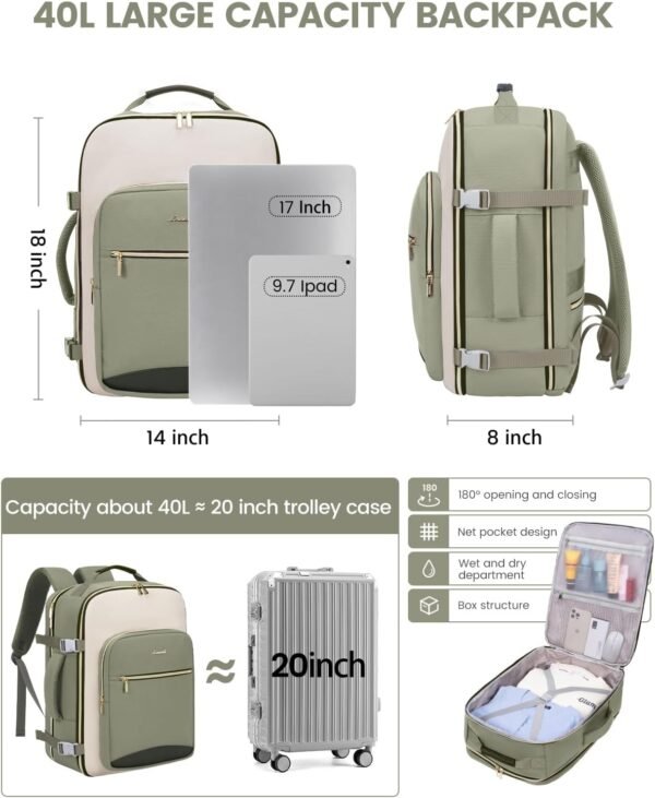 LOVEVOOK 40L Travel Backpack for Women & Men, Large Carry on Backpack for Airplanes with 3 Packing Cubes, TSA Personal Item Travel Bag fits 17" Laptop, Waterproof Travel Essentials Airline Approved - Image 5
