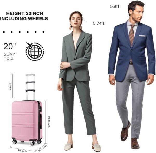 Kono 20'' Carry on Luggage Lightweight with Spinner Wheel TSA Lock Hardside Luggage Airline Approved Carry on Suitcase Pink - Image 3