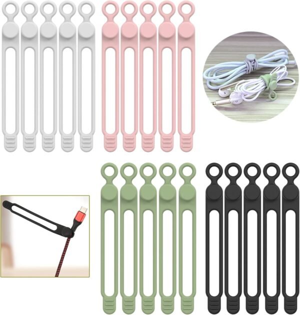 [20Park]UMUST Silicone Cable Ties,Reusable Cable Management Organizer, Multipurpose Elastic Cord Organizer for Bundling and Fastening Cable Cords Wires(black,white,pink,green) - Image 2