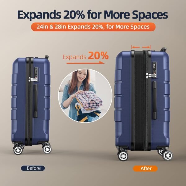 SHOWKOO Luggage Sets Expandable PC+ABS Durable Suitcase Double Wheels TSA Lock 3pcs Blue - Image 6