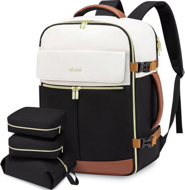 LOVEVOOK Travel Backpack for Women, TSA Carry On Backpack Flight Approved Luggage, 40L Water Resistant Personal Item Daypack Large Weekender Bag fit 17 inch Laptop with 3 Cubes, Beige-black-brown - Image 2