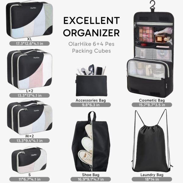 ALL INCLUDED 10 Set Sturdy Packing Cubes for Suitcases,OlarHike Travel Essentials,UPGRADED Anti-Tear Stitching, NEW Improved Luggage Packing Organizers for Travel Accessories(Black) - Image 3