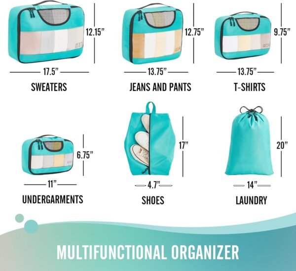 Veken 6 Set Packing Cubes for Suitcases, Travel Essentials for Carry on Luggage, Suitcase Organizer Bags Set for Travel Accessories in 4 Sizes(Extra Large, Large, Medium, Small)，Cyan - Image 7