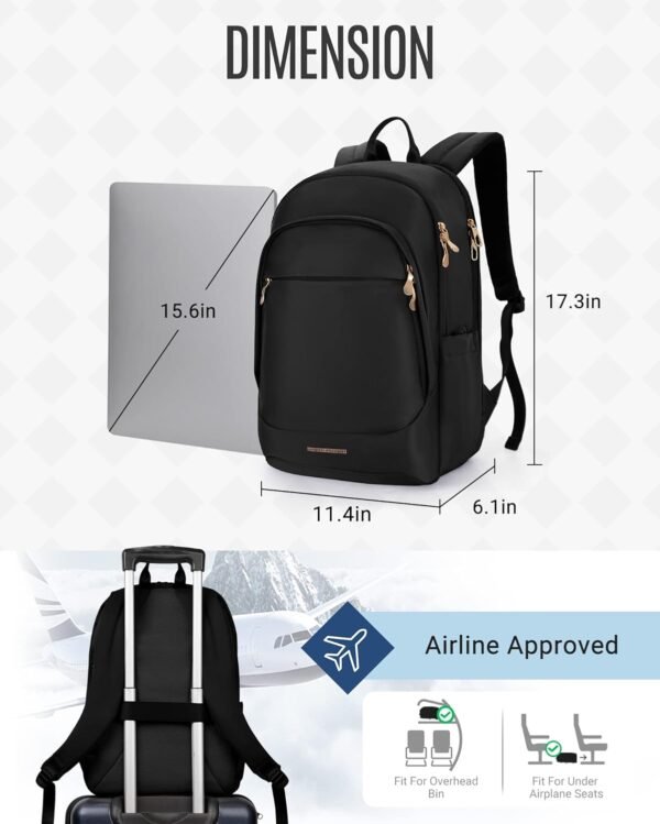 LIGHT FLIGHT Travel Backpack for Women, 15.6 Inch Anti Theft Laptop Backpack with USB Charging Hole, Water Resistant College Bookbag, Large Capacity Black Computer Backpacks for Work, Black - Image 4