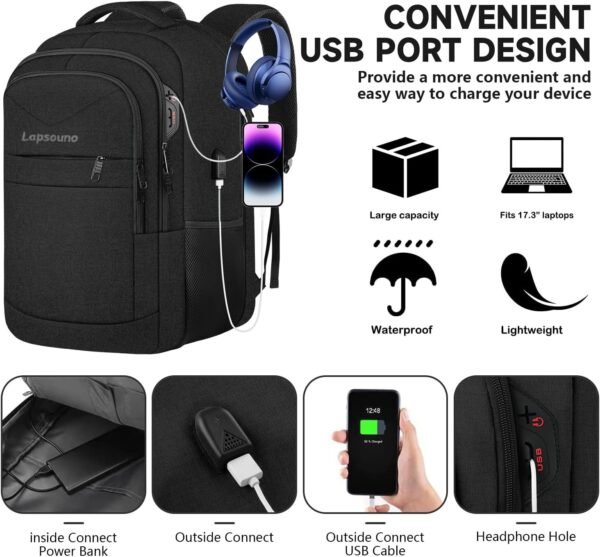 Lapsouno Large Travel Laptop Backpack, School Backpack, Carry on Backpack, Extra Sturdy 17 Inch TSA Friendly with USB Port, Water Resistant College School Rucksack Book Bag Gifts for Men Women, Black - Image 6