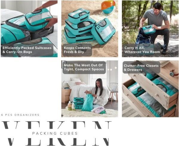 Veken 6 Set Packing Cubes for Suitcases, Travel Essentials for Carry on Luggage, Suitcase Organizer Bags Set for Travel Accessories in 4 Sizes(Extra Large, Large, Medium, Small)，Cyan - Image 8
