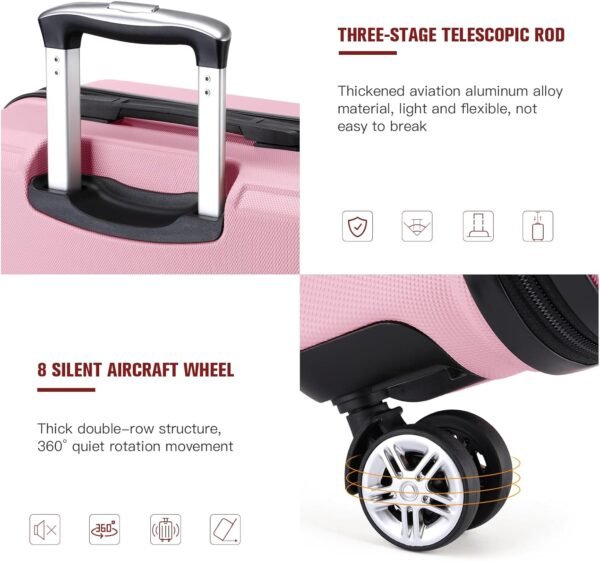 Kono 20'' Carry on Luggage Lightweight with Spinner Wheel TSA Lock Hardside Luggage Airline Approved Carry on Suitcase Pink - Image 4