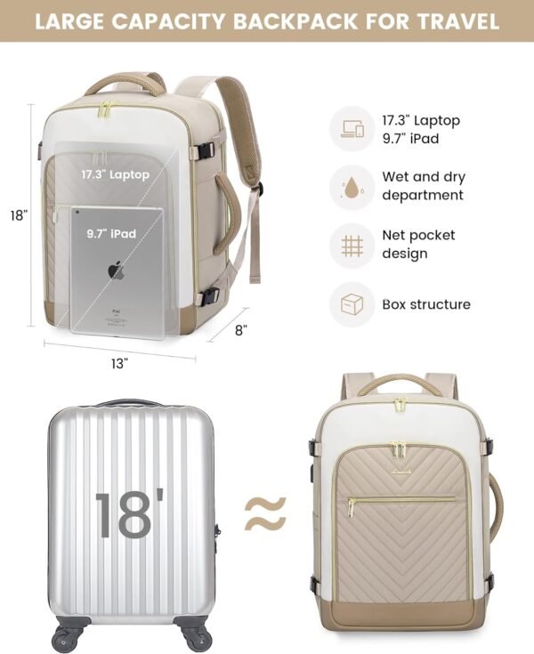 LOVEVOOK Large Travel Backpack for Women, TSA Carry on Backpack for Airplanes, 40L Personal Item Travel Bag for Women fits 17" Laptop,Waterproof Carry on Bag Airplane Approved with 3 Packing Cubes - Image 6