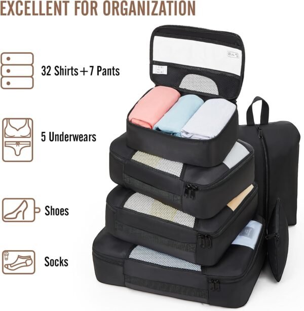 Veken 8 Set Packing Cubes for Suitcases, Travel Essentials for Carry on, Luggage Organizer Bags Set for Travel Accessories in 4 Sizes (Extra Large, Large, Medium, Small), Black - Image 6