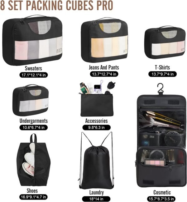 Veken 8 Set Packing Cubes for Suitcases, Travel Essentials for Carry on, Luggage Organizer Bags Set for Travel Accessories in 4 Sizes (Extra Large, Large, Medium, Small), Black - Image 3