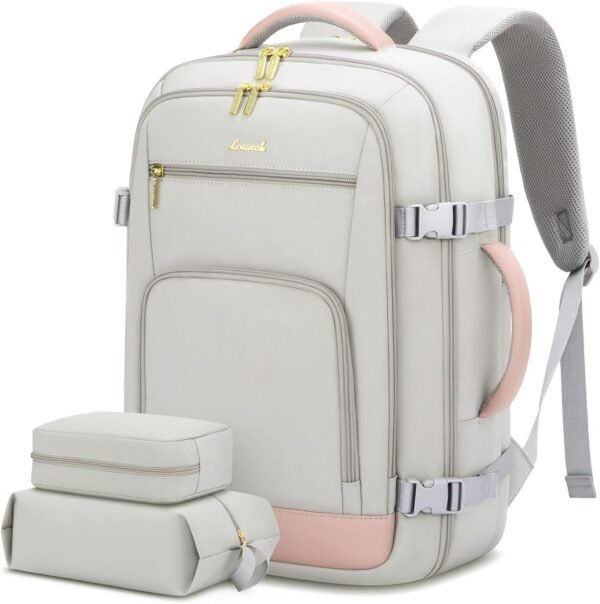 LOVEVOOK Travel Backpack For Women, 40L Carry On Backpack Flight Approved, TSA Personal Item Travel Bag Fits 17 Inch Laptop, Business Weekender Overnight Waterproof Daypack With 2 Cubes, Grey-Pink - Image 2