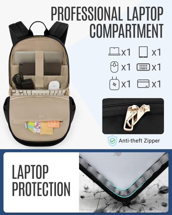 LIGHT FLIGHT Travel Backpack for Women, 15.6 Inch Anti Theft Laptop Backpack with USB Charging Hole, Water Resistant College Bookbag, Large Capacity Black Computer Backpacks for Work, Black - Image 6