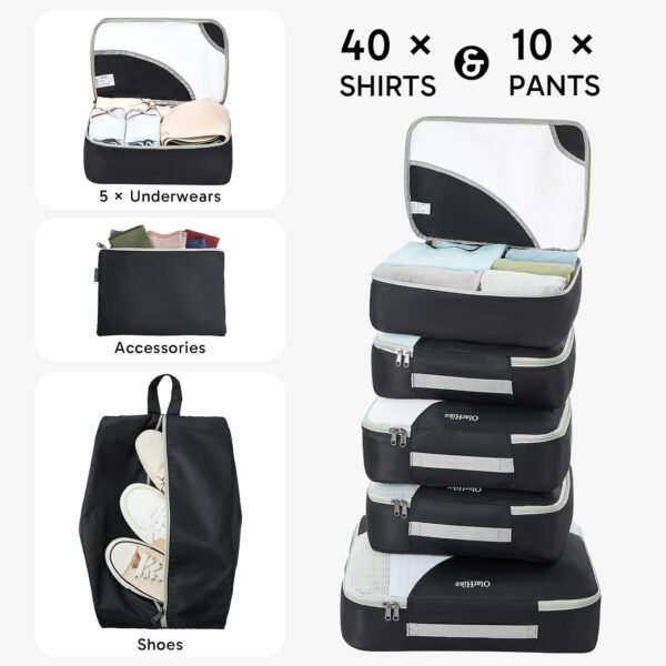 ALL INCLUDED 10 Set Sturdy Packing Cubes for Suitcases,OlarHike Travel Essentials,UPGRADED Anti-Tear Stitching, NEW Improved Luggage Packing Organizers for Travel Accessories(Black) - Image 6