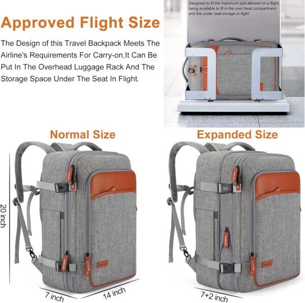 Lumesner Carry on Backpack, Extra Large 40L Flight Approved Travel Backpack for Men & Women,Expandable Large Suitcase Backpacks With 4 Packing Cubes,Water Resistant Luggage Daypack Weekender Bag,Grey - Image 3