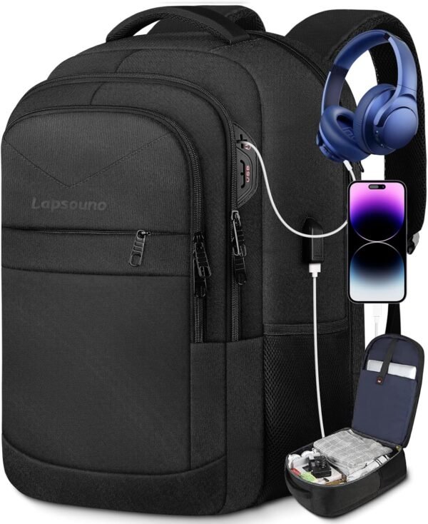 Lapsouno Large Travel Laptop Backpack, School Backpack, Carry on Backpack, Extra Sturdy 17 Inch TSA Friendly with USB Port, Water Resistant College School Rucksack Book Bag Gifts for Men Women, Black - Image 2