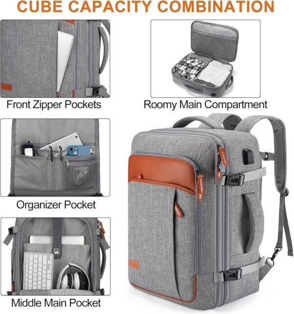 Lumesner Carry on Backpack, Extra Large 40L Flight Approved Travel Backpack for Men & Women,Expandable Large Suitcase Backpacks With 4 Packing Cubes,Water Resistant Luggage Daypack Weekender Bag,Grey - Image 6