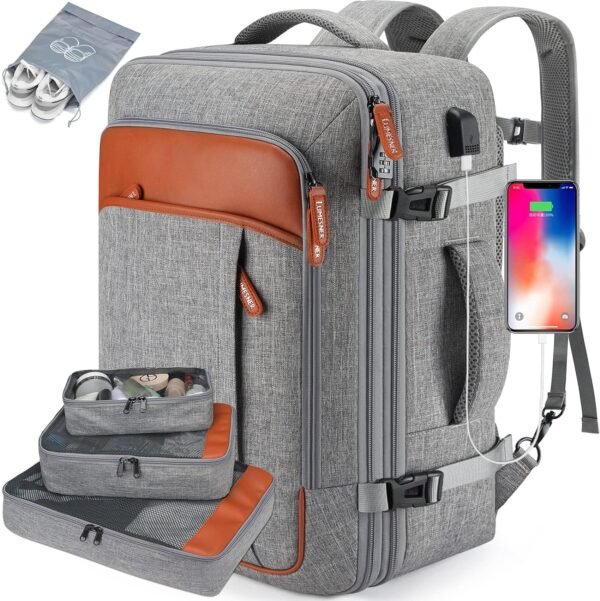 Lumesner Carry on Backpack, Extra Large 40L Flight Approved Travel Backpack for Men & Women,Expandable Large Suitcase Backpacks With 4 Packing Cubes,Water Resistant Luggage Daypack Weekender Bag,Grey - Image 2
