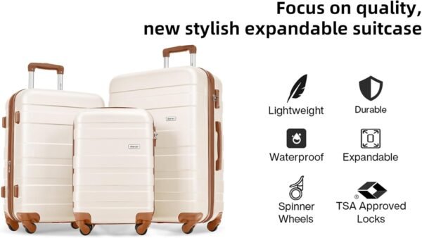 Merax 3 Pcs ABS Hardside Luggage Set Spinner Wheel Suitcase TSA Lock, Brown/Ivory, 20/24/28 Inch - Image 8