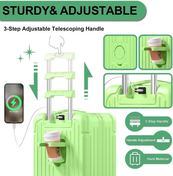 Krute Carry on Luggage 20 Inch USB Suitcases with Spinner Double Wheels Cup Holder PC+ABS Hardside Luggage with TSA Lock (AppleGreen - Image 4