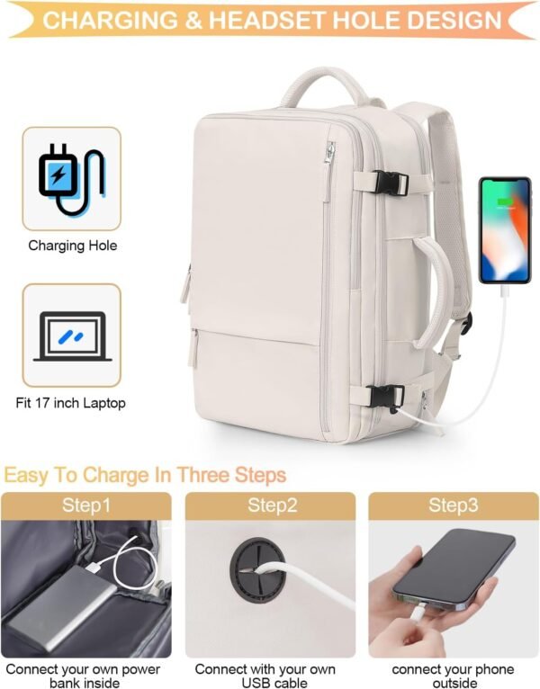 Travel Backpack For Women, Airline Approved Personal Item Bag, Carry On Backpack,17 Inch Laptop Backpack, Waterproof Casual Overnight Bag, Hiking Backpack (Beige) - Image 4