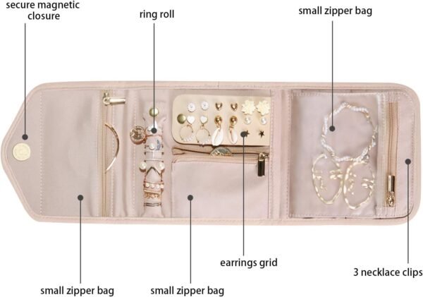 BAGSMART Travel Jewelry Organizer Case Foldable Jewelry Roll for Journey-Rings, Necklaces, Earrings, Bracelets,Mini,Soft Pink - Image 4