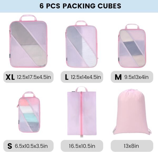 Compression Packing Cubes Set of 6, Travel Luggage Organizer for Suitcase, Packing Organizers for Travel Accessories, Breathable See Through Mesh, Durable, Lightweight, for Travel - Image 4