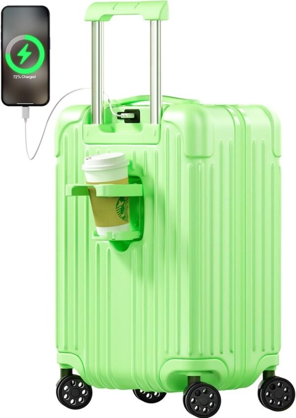Krute Carry on Luggage 20 Inch USB Suitcases with Spinner Double Wheels Cup Holder PC+ABS Hardside Luggage with TSA Lock (AppleGreen - Image 2