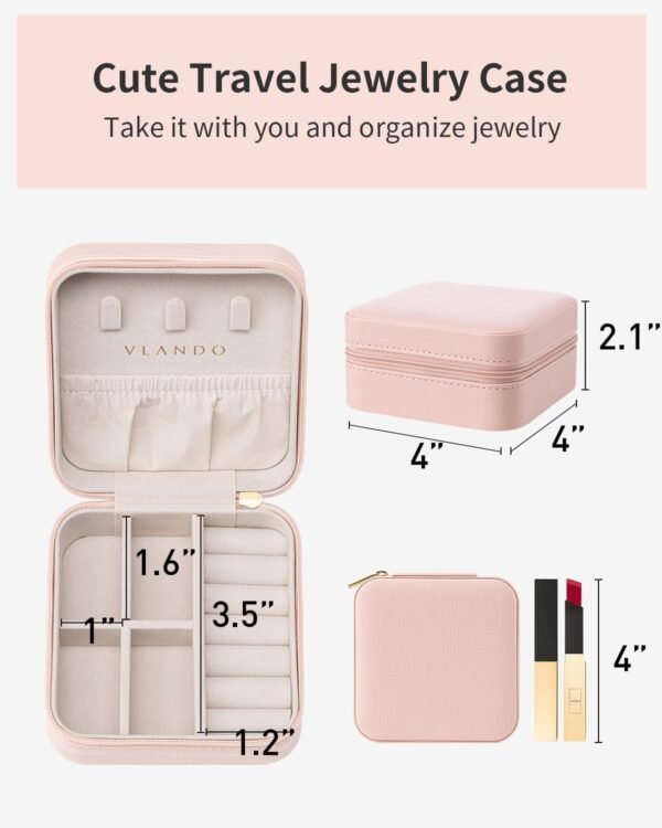 Vlando Travel Jewelry Box, Small Jewelry Travel Organizer Case for Girls Women - Pink - Image 6