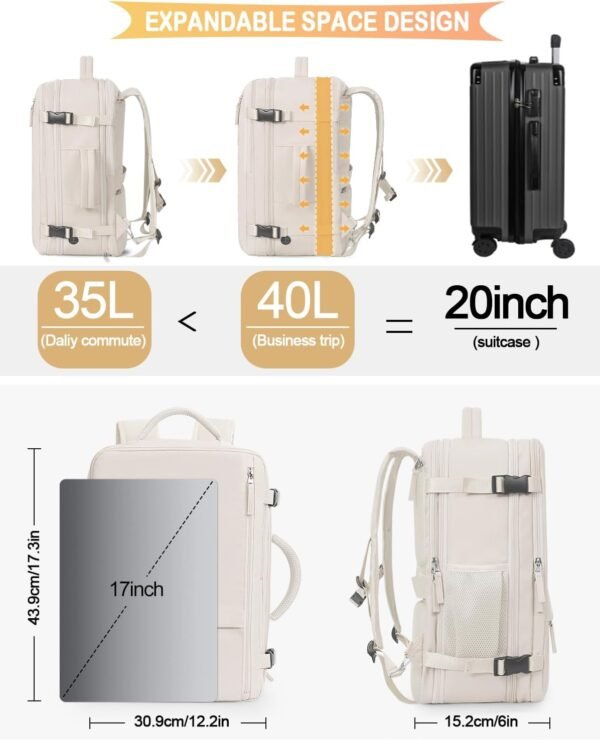 Travel Backpack For Women, Airline Approved Personal Item Bag, Carry On Backpack,17 Inch Laptop Backpack, Waterproof Casual Overnight Bag, Hiking Backpack (Beige) - Image 5