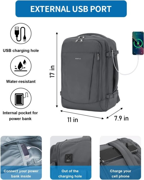 ECOHUB 17'' Travel Backpack, Personal Item Backpack with 13 Pockets, Flight Approved Carry on Backpack with USB Port & Luggage Sleeve, Travel bag for Men & Women, Water Resistant Backpack, Grey - Image 5