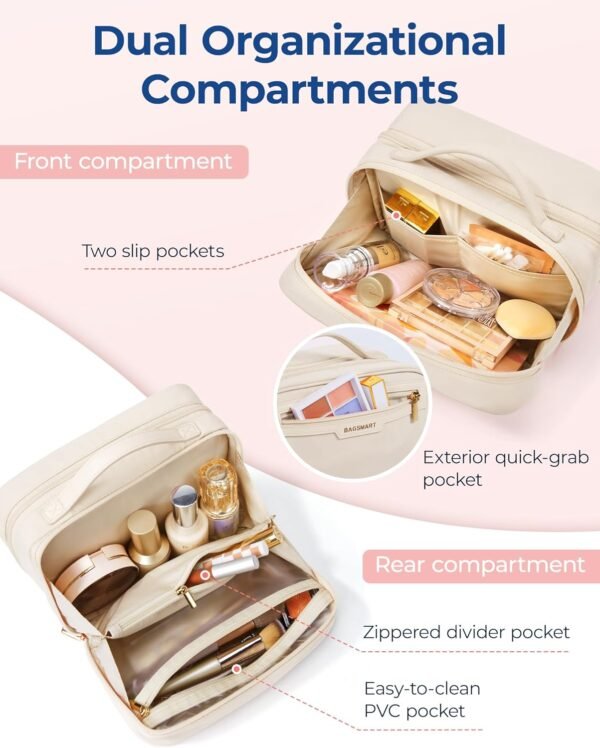 BAGSMART Travel Makeup Bag Large Capacity Cosmetic Bag, Wide-open Portable Make Up Bag Organizer for Women for Travel Essentials Travel-Size Toiletries Accessories Bottles, Brushes (Beige) - Image 4