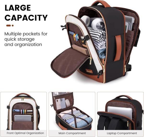 LOVEVOOK Travel Backpack for Women & Men, 40L Carry On Backpack, Personal Item Bag with 3 Packing Cubes, Business Weekender Overnight Luggage Daypack, Fits 17 Inch Laptop, Black Beige - Image 4