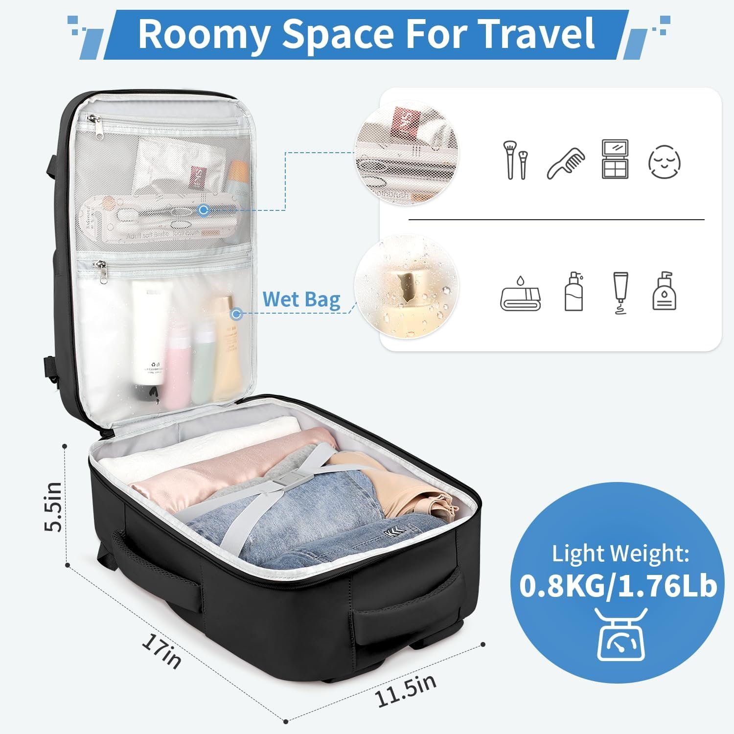 ZOMFELT Travel Backpack for Women Men, Carry on Backpack, TSA 15.6 inch Laptop Backpack Flight Approved, Personal Item Travel Bag Nurse Bag Casual Daypack for School Weekender Business Trip, Black - Image 4