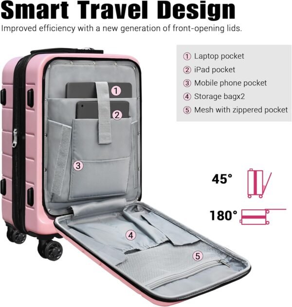 SmileLine Hardside Expandable Luggage W/Quick Access Front Open Pocket Lightweight Carry-on with Makeup Bag, Pink, 4 Piece Set - Image 6