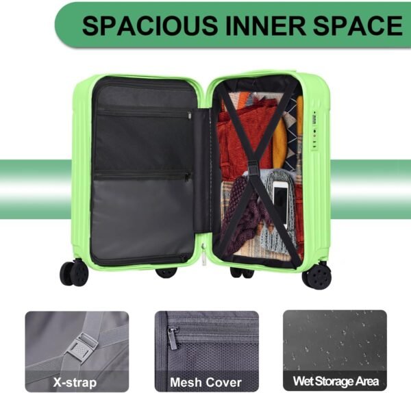 Krute Carry on Luggage 20 Inch USB Suitcases with Spinner Double Wheels Cup Holder PC+ABS Hardside Luggage with TSA Lock (AppleGreen - Image 8