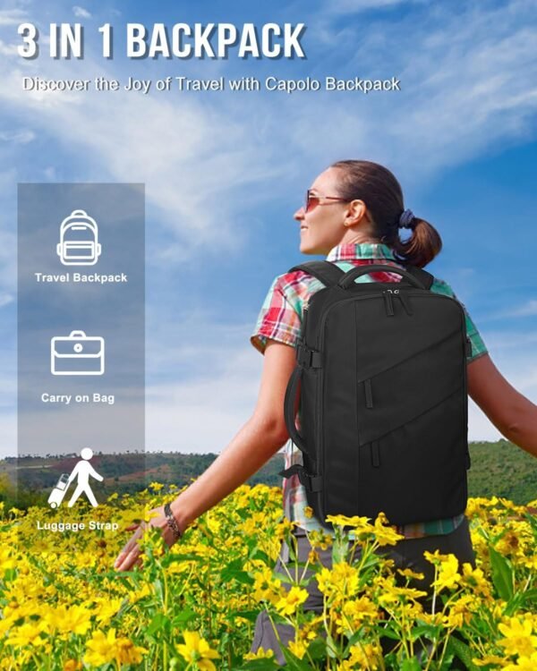 Capolo Travel Backpack for Women Men Waterproof Laptop Backpack Flight Approved Carry On Backpack Overnight Weekender Bag College Bookbag for Business, Work, Traveling Fits 15.6 '' Laptop,Black - Image 3