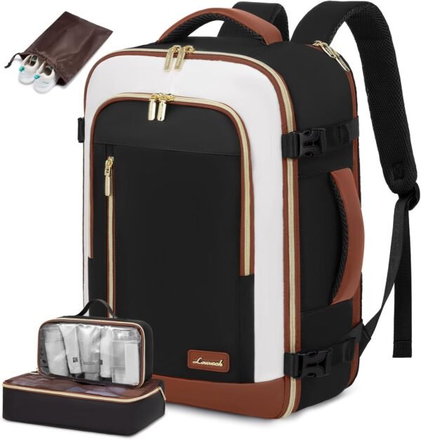 LOVEVOOK Travel Backpack for Women & Men, 40L Carry On Backpack, Personal Item Bag with 3 Packing Cubes, Business Weekender Overnight Luggage Daypack, Fits 17 Inch Laptop, Black Beige - Image 2