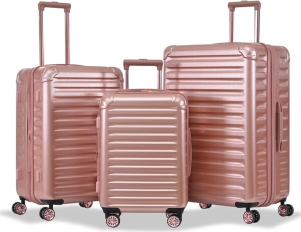 3 Piece Luggage Set, PC+ABS Lightweight Suitcase Sets with 360° Spinner Wheels, Expandable Hardside Carry-On Luggage for Travel Business Stripe RoseGold (20/24/28) - Image 2
