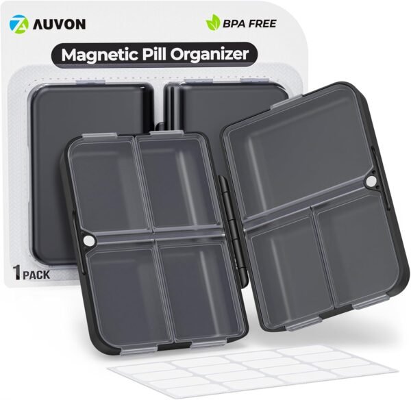 AUVON Travel Pill Organizer with Folding Design, 7 Compartments Daily Pill Case with Long-Lasting Hinges, Portable Pill Box for Pocket Bag, Small Pill Container for Fish Oil, Vitamin, Black - Image 2