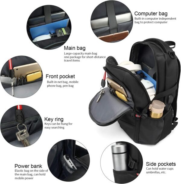 INSAVANT Laptop Backpack 17 Inch Water Resistant Backpacks Durable College Travel Daypack Anti Theft with USB Charging Port Best Gift for Men Women(17 Inch, Black) - Image 3
