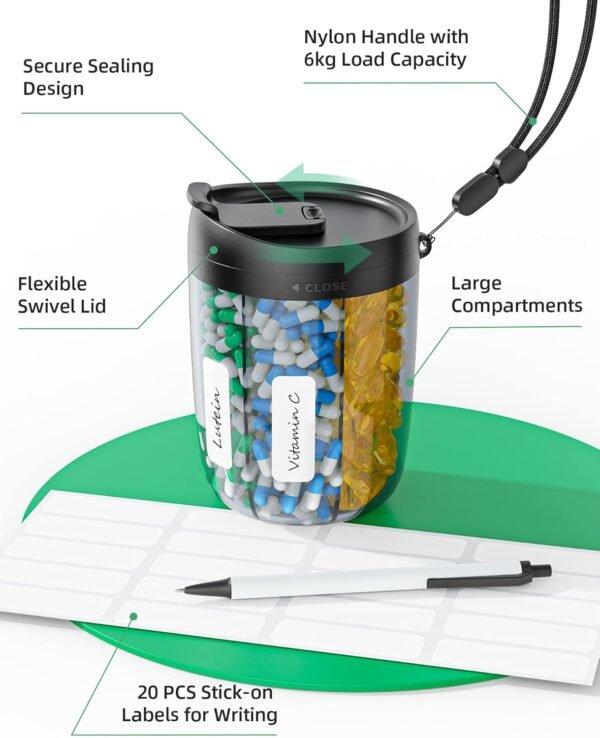 PULIV Large Supplement Organizer Bottle, Holds Plenty of Vitamins in 1 Monthly Pill Dispenser with Anti-Mixing & Wide Openings Design, Easy to Retrieve Meds, Includes 20 Pcs Stick-on Labels - Image 6