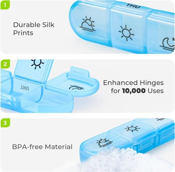 AUVON Weekly Pill Organizer 3 Times a Day, Large Pill Box 7 Day with A PU Leather Bag, Protabel Travel Pill Case Medication Reminder, Daily Pill Box 3 Times a Day for Vitamins, Fish Oils, Supplements - Image 6