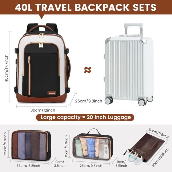 LOVEVOOK Travel Backpack for Women & Men, 40L Carry On Backpack, Personal Item Bag with 3 Packing Cubes, Business Weekender Overnight Luggage Daypack, Fits 17 Inch Laptop, Black Beige - Image 3