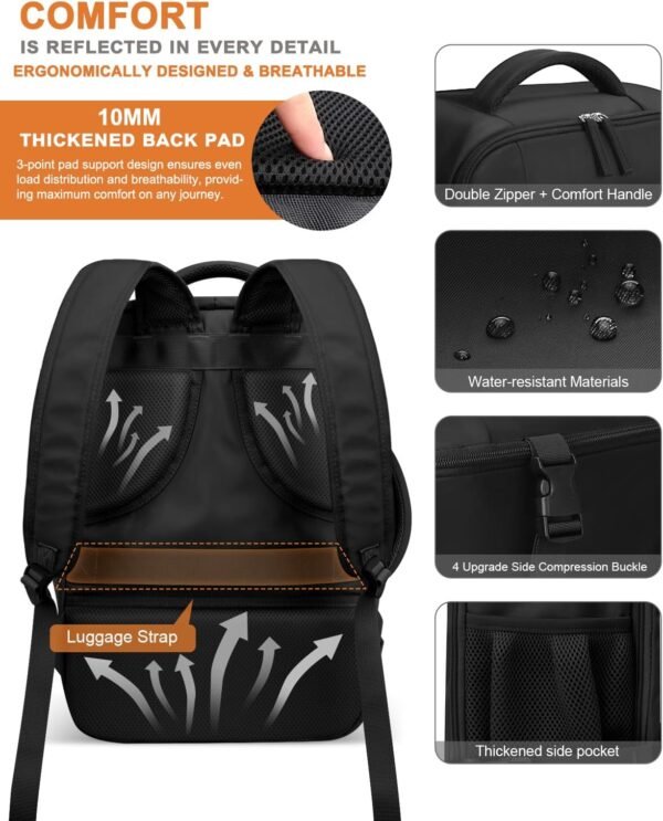 Capolo Travel Backpack for Women Men Waterproof Laptop Backpack Flight Approved Carry On Backpack Overnight Weekender Bag College Bookbag for Business, Work, Traveling Fits 15.6 '' Laptop,Black - Image 7