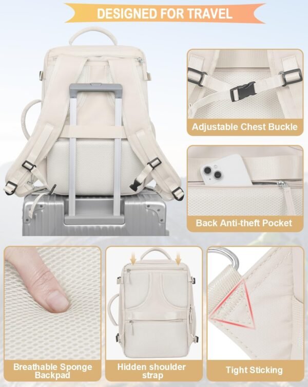 Travel Backpack For Women, Airline Approved Personal Item Bag, Carry On Backpack,17 Inch Laptop Backpack, Waterproof Casual Overnight Bag, Hiking Backpack (Beige) - Image 6