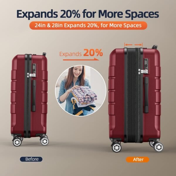 SHOWKOO Luggage Sets Expandable PC+ABS Durable Suitcase Double Wheels TSA Lock 3pcs Red Wine - Image 5