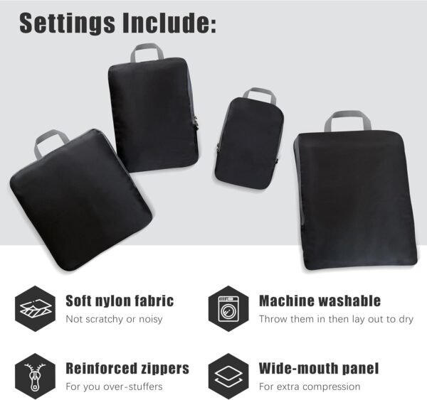 4 Set Compression Packing Cubes Travel - Travel Accessories Expandable Packing Organizers for Carry On - Essentials Luggage Travel Bags - Black - Image 4