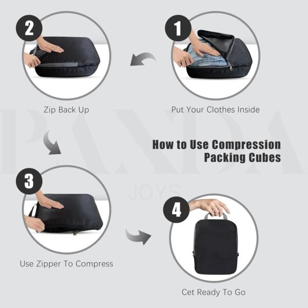 4 Set Compression Packing Cubes Travel - Travel Accessories Expandable Packing Organizers for Carry On - Essentials Luggage Travel Bags - Black - Image 3