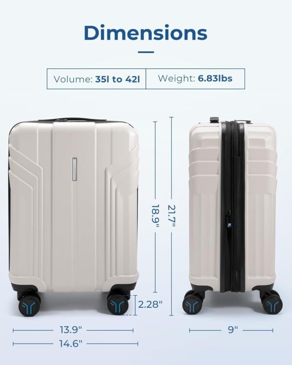 BAGSMART Expandable Carry On Luggage 22x14x9 Airline Approved, 1OO% PC Lightweight Hard Shell Suitcase, 20 Inch Travel Luggage with Spinner Wheels, Waterproof Rolling Suitcase, Biege - Image 7